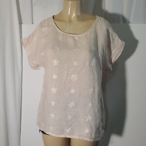 Terzio Millenio 100%Linen Blushpink Floral Embroidered Short Sleeve Top Size M